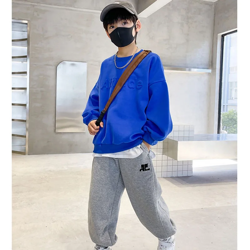 Teen-agers Boys Sports Clothing Set Solid Color Letter Print Sweatshirt+ Pants 2Pcs For 5-14Y Kids Spring Autumn Leisure Suit