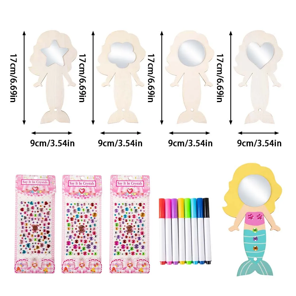 12 teile/satz Meerjungfrau Einhorn Schmetterling Geformt Unvollendete Holz Prinzessin Spiegel Handwerk DIY Blank Mini Handheld Spiegel Gefälligkeiten – Detail 9