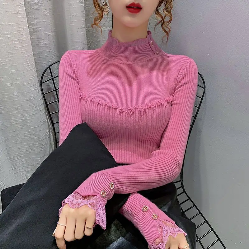 

Sweater Pullover for Women 2023 Autumn Winter Mesh Patchwork Long Sleeve Slim Knitted Clothes Button Elegant Female V125