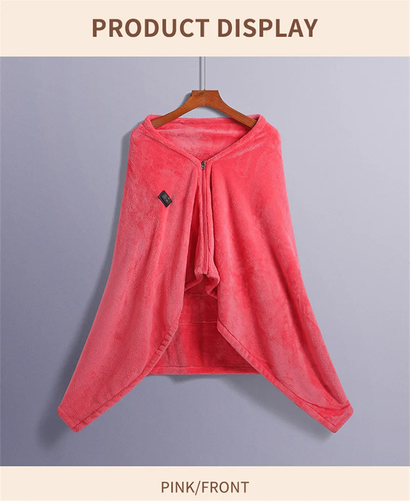 A pink heated shawl on a hanger highlighting winter comfort.