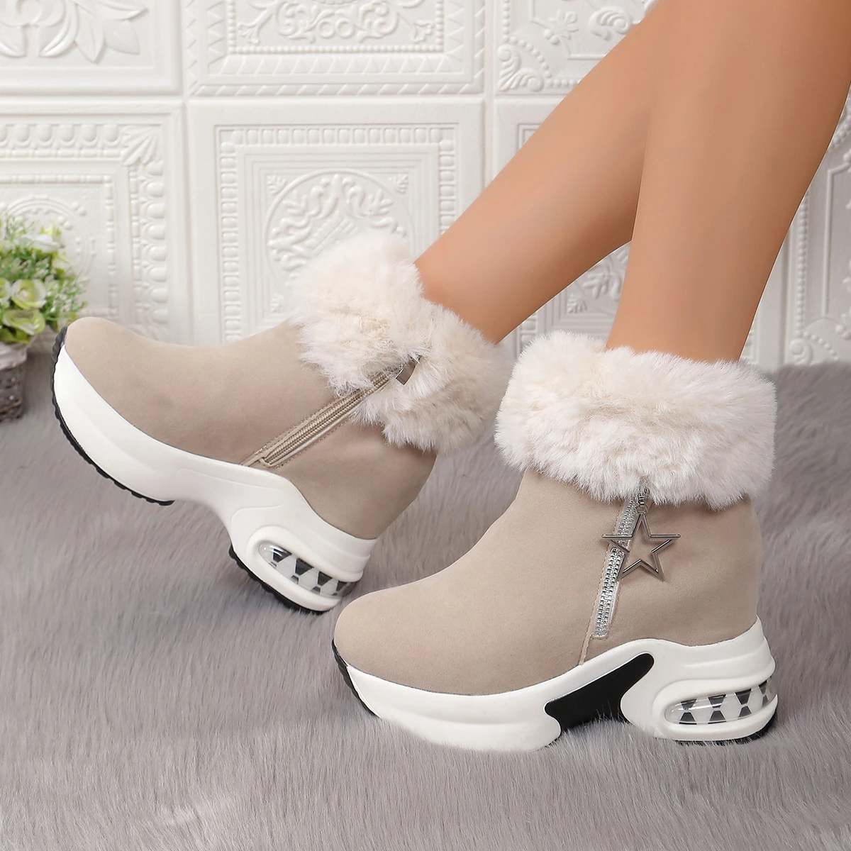 Women Boots Winter 2024 New Casual High Heels Warm Boots Thickened Fluff Wedge Shoes Fashion Outdoor Platform Snow Boots Women - 5