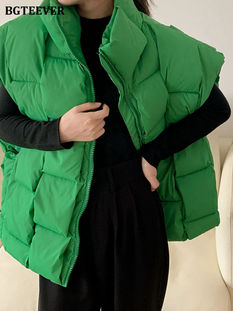 BGTEEVER Winter Sleeveless Cotton Padded Women Parkas Vests Casual Loose Zippers Female Down Jackets Plaid Ladies Warm Coat