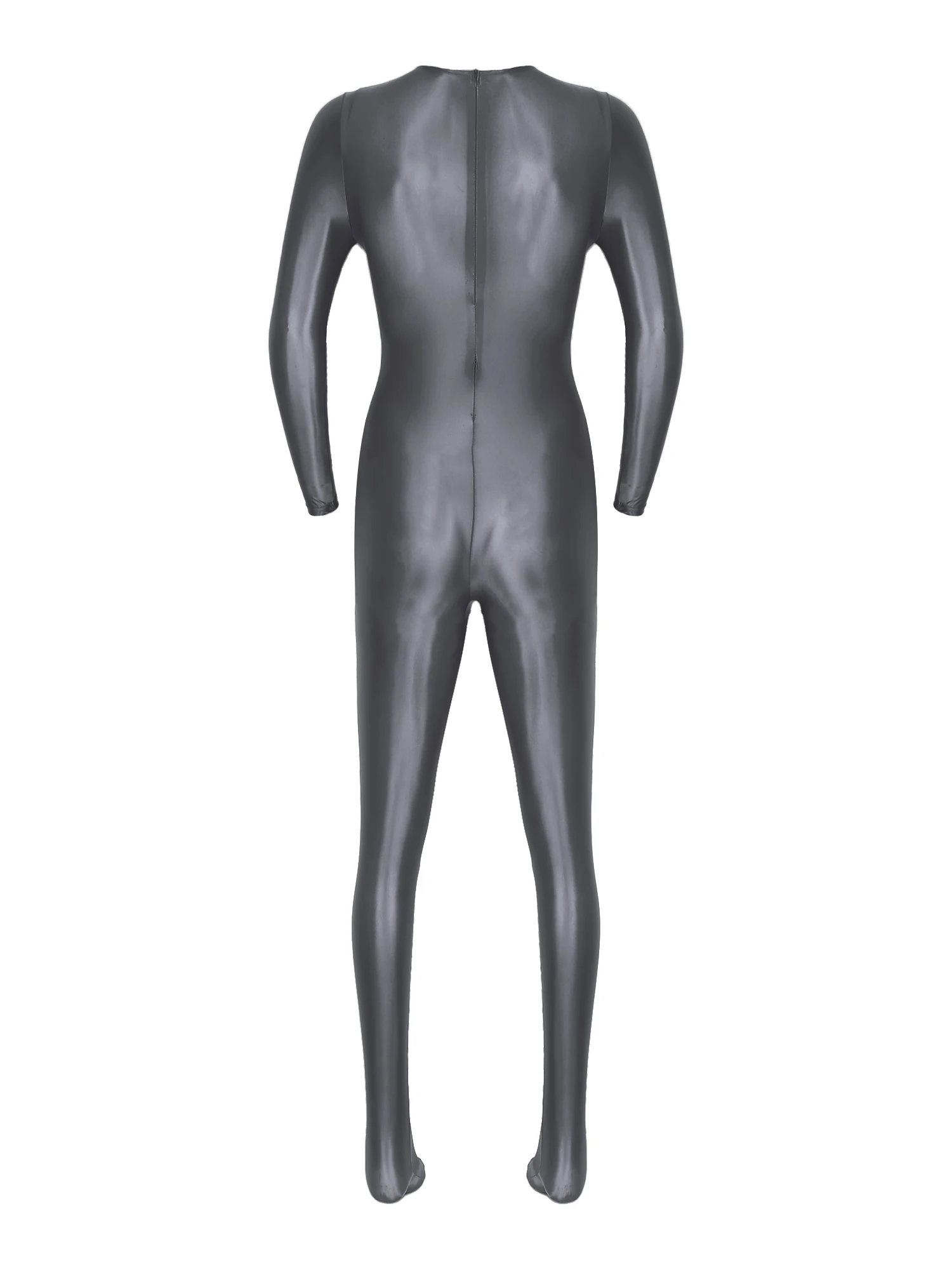 Mens Bodysuit Swim Mock Neck Back Zipper Bodystocking Glossy Solid Color Long Sleeve Bodysuit Sportwear Nightwear Swimwear