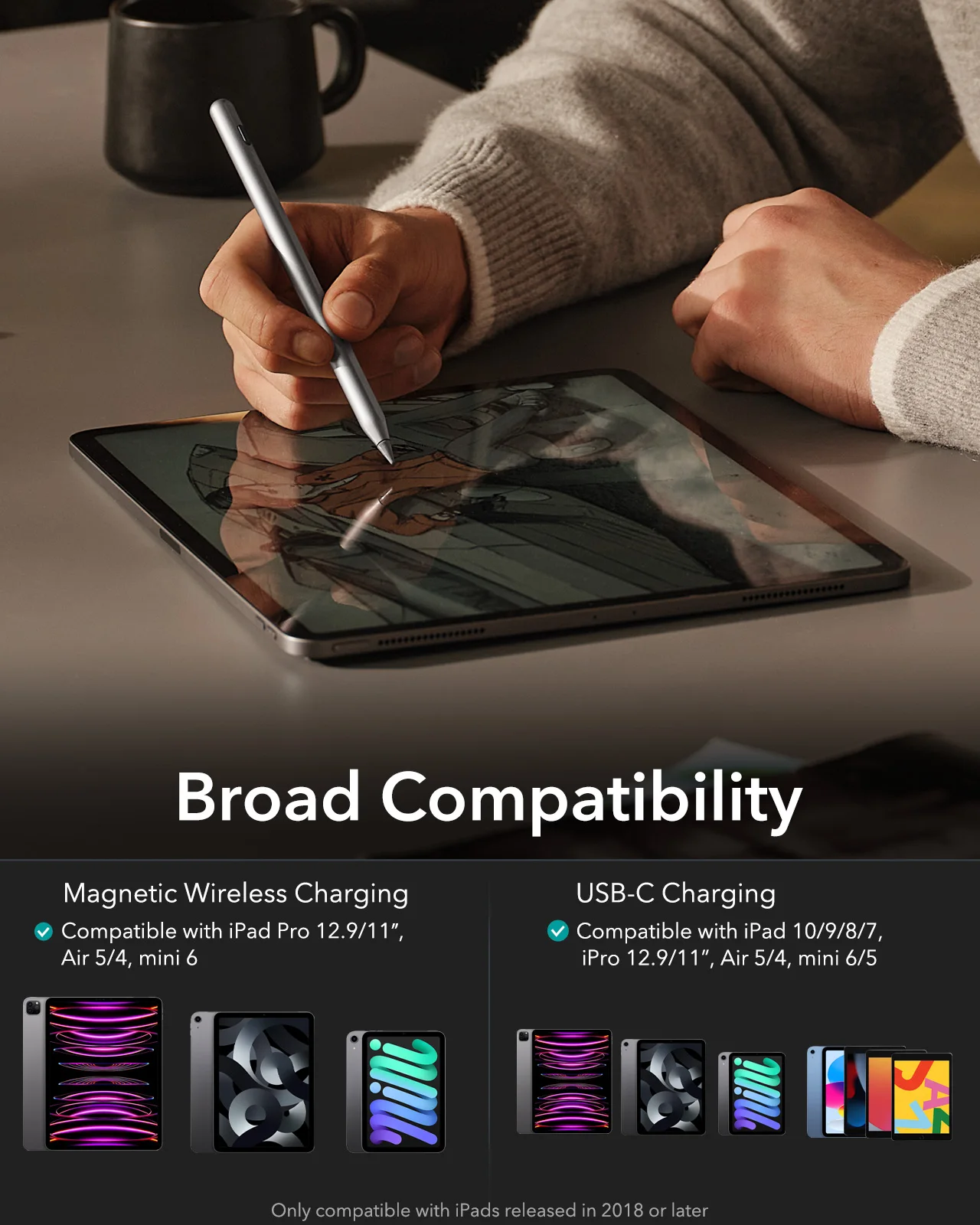 iPad Pro 11/12.9용 ESR 2018-2022 iPad Air 5/4,iPad Min용 손바닥 방지 부드러운 연필이 포함된 자기 무선 충전 스타일러스