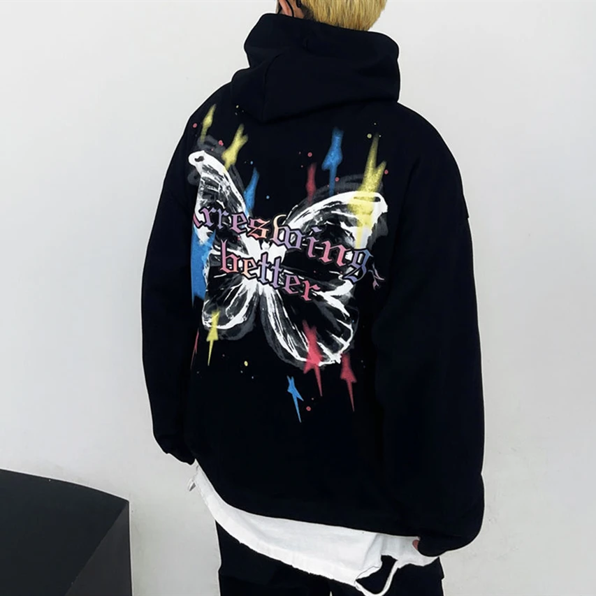 

Dark Punk Butterfly Colors Graphic Hoodie Mens Unisex Hip Hop Oversized Sweatshirt Winter Cotton Loose Casual Pullover Harajuku