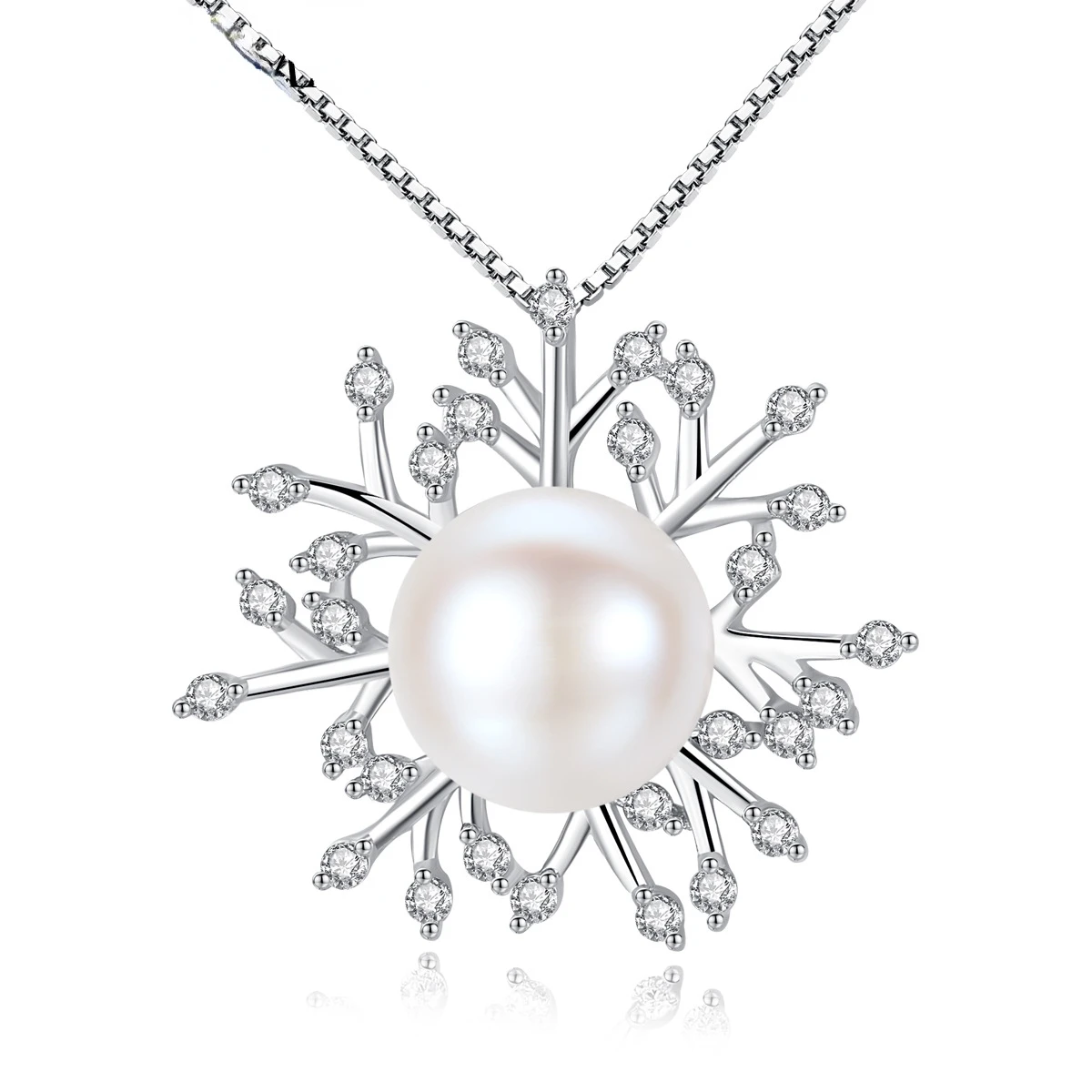 

S925 Simple Silver Pearl Pendant Snowflake Personality Necklace With 3A Zircon Collar