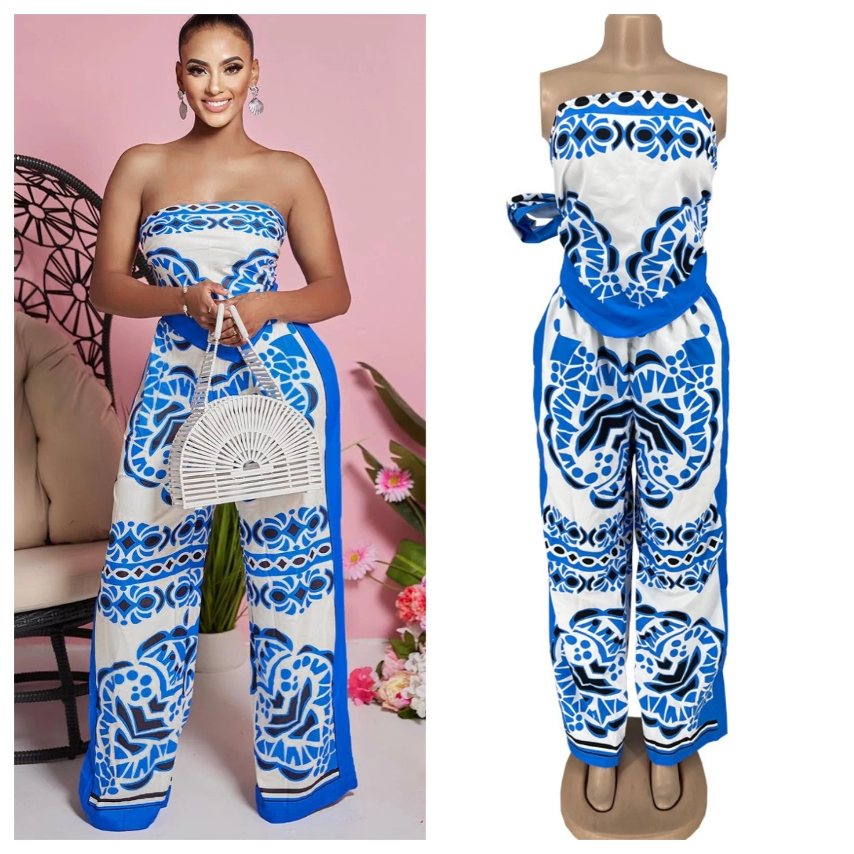 Sexy Printed Fashion Female Causal Two Pieces African Set Sling Top Sleeveless Straight Wide Leg Pants 2023 New Women's Suits women 2 piece outfit set female high waist hot shorts pants suit summer flower printed sleeveless v neck sling blouse shorts set