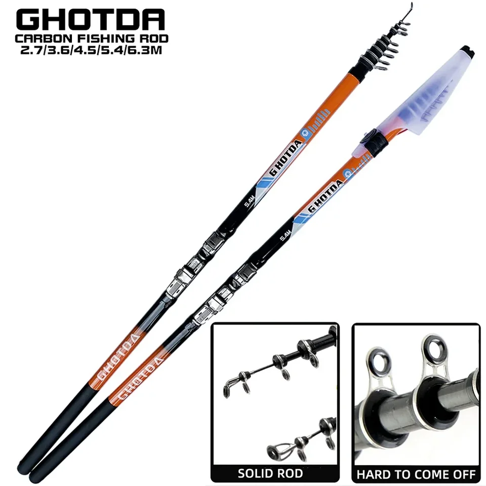 3.6/4.5/5.4または6.3mの頑丈な伸縮式釣り竿,Mパワーカーボンファイバートラベルアクセサリー,磯釣りや海でのボート遊びに適しています