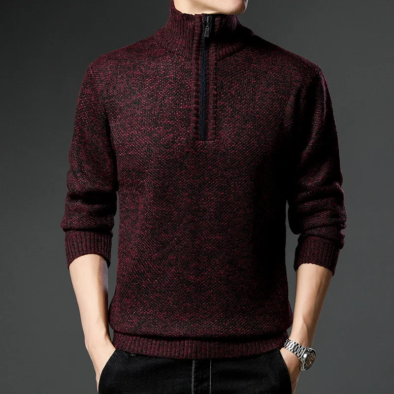 Autumn Winter Men's Plush Thickened Knit Sweater Half High Neck Zipper Warm Top Solid Casual Versatile Pullover Bottoming Shirt