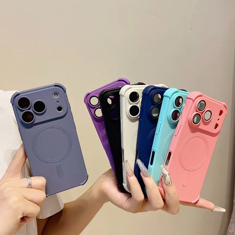 Luxurious 4-Corner MagSafe Shockproof Case with Wireless Charging and Lens Cover