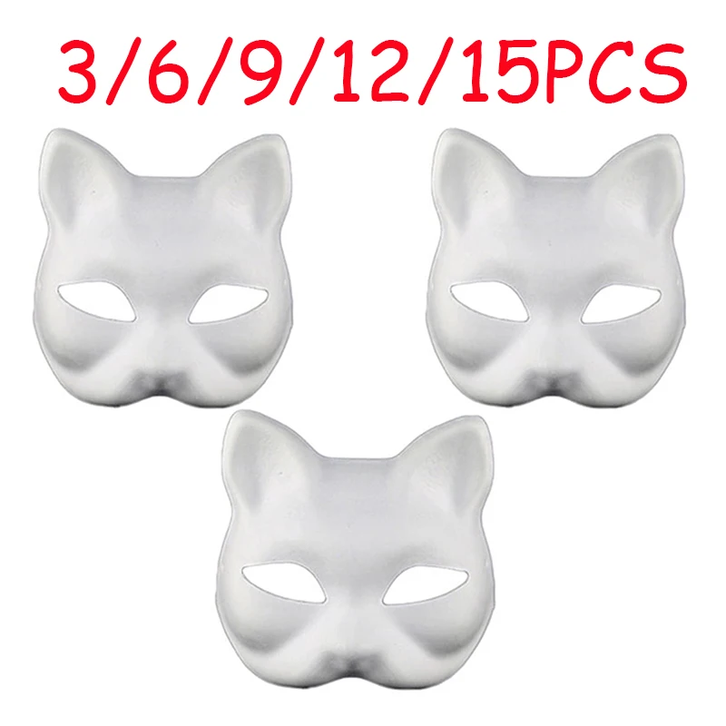Therian Masks White Cat Masks Blank DIY Halloween Mask Animal Half Facemasks Masquerade Cosplay Party 3/6/9/12/15PCS halloween mask masquerade mask party masks face mask 3d face masks