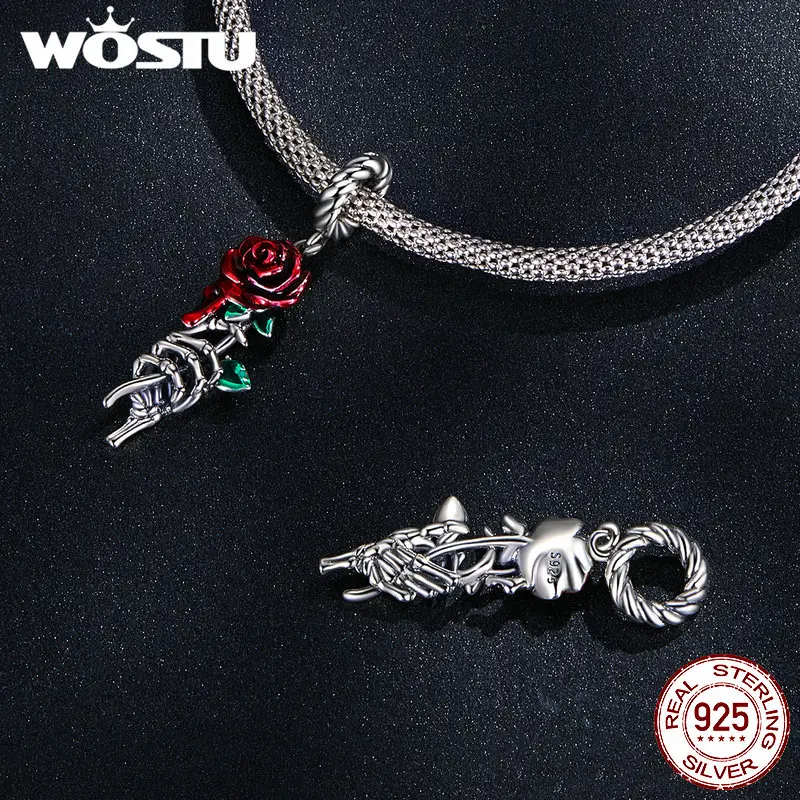 WOSTU 925 Sterling Silver Halloween Collection Red Rose Flower Skull Charms Black CZ Witch Bat Bead fit DIY Bracelet Bangle Punk 6
