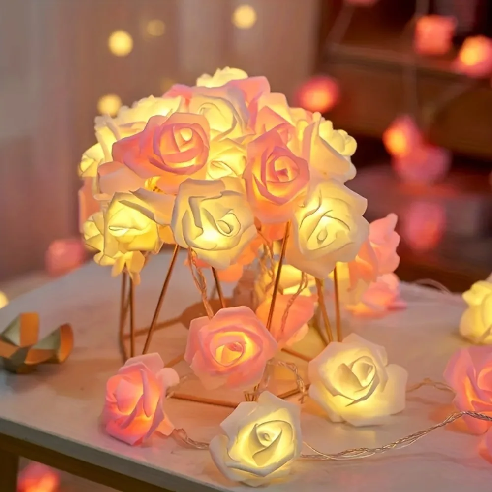 LED String Lights 1pc 2M 10Lights White and Pink Rose For Room Garden Decoration Night Light Without Battery
