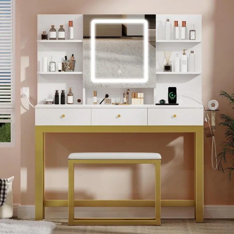 39.5 W Vanity Desk Set,Makeup Table Adjustable 3 Lights Modes, Vanity Table with Stool and Hidden Storage Shelves,for Girls Gift