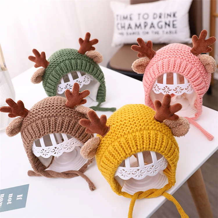 Baby Cute Deer Elk Antlers Hat Winter Autumn Warm Plush Knitted Ear Warmer Children Hat Bonnet Boys Girls Beanie Christmas Hats