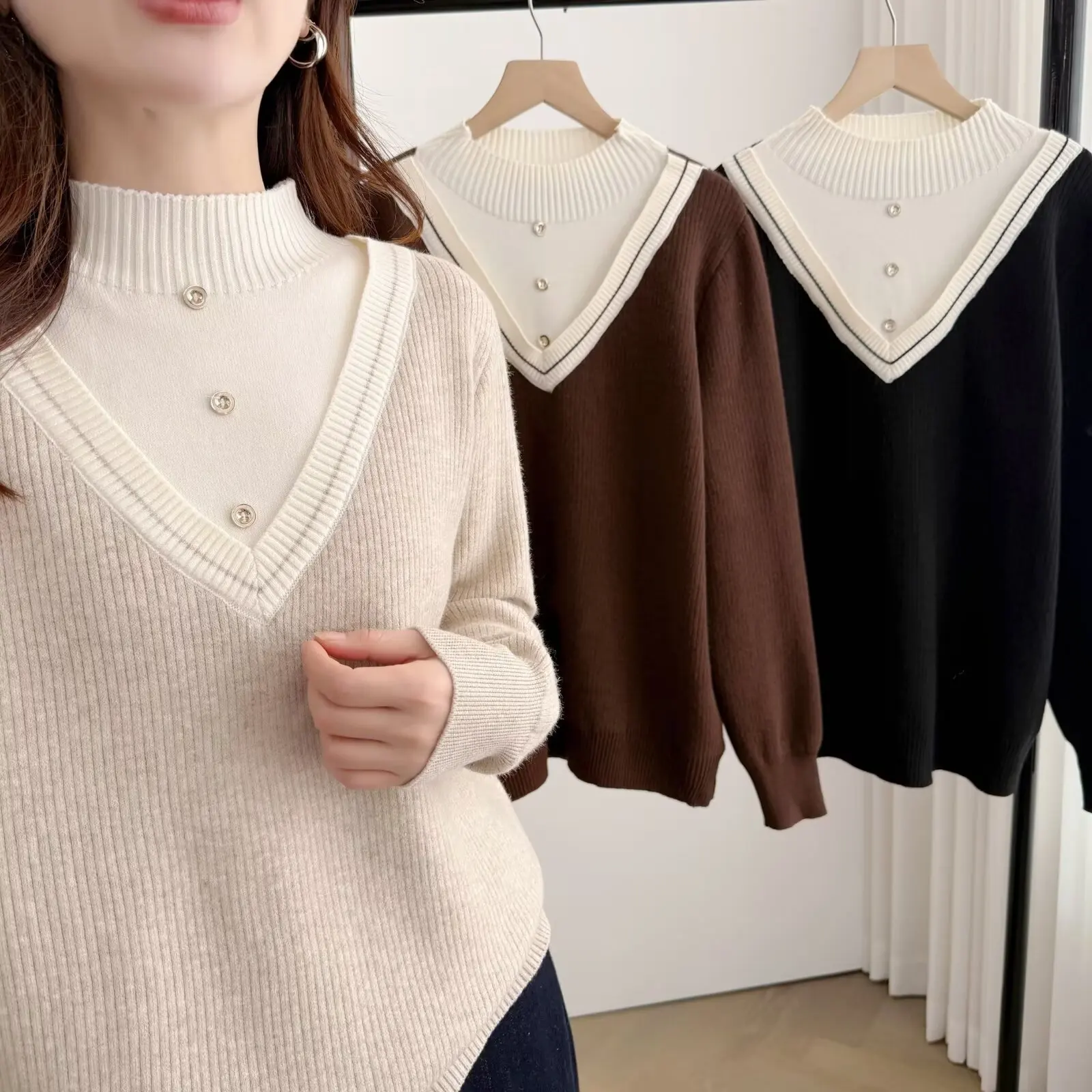 XXXXL Fashion Plus Size Women's Sweaters One-piece Fleece Fake Two Piece Warm Knitted Base Mock Neck Jumpers Autumn Winter 2585