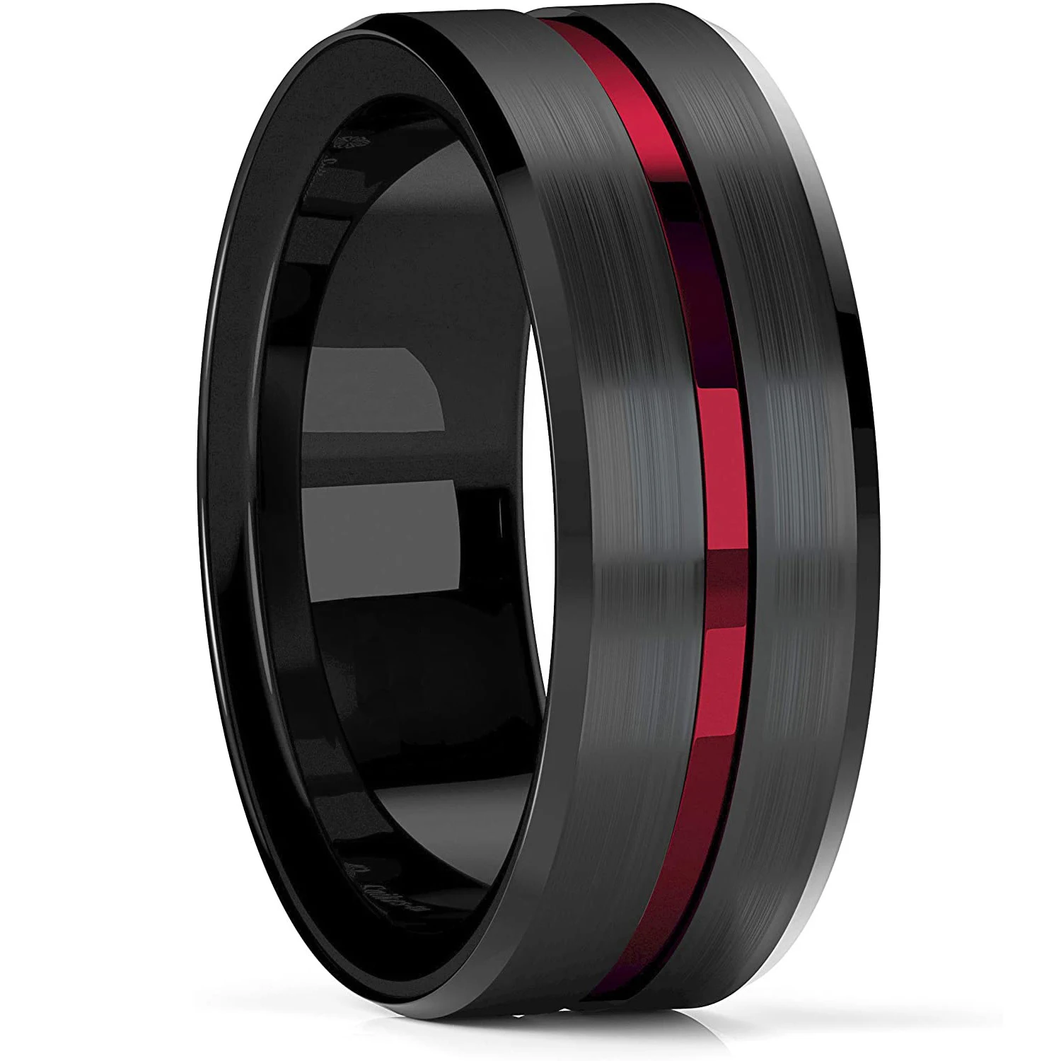 Stainless Steel Ring 8mm Red Groove Beveled Edge Black Stainless Steel Ring For Men Black Brushed Steel Engagement