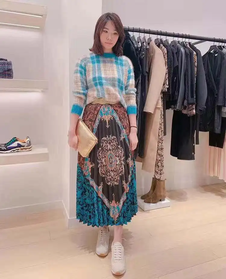 

Spring New Women's Plaid Knit Sweater Mohair Blends Roud Neck Long Sleeve Female Color Patchwork Loose Pullover
