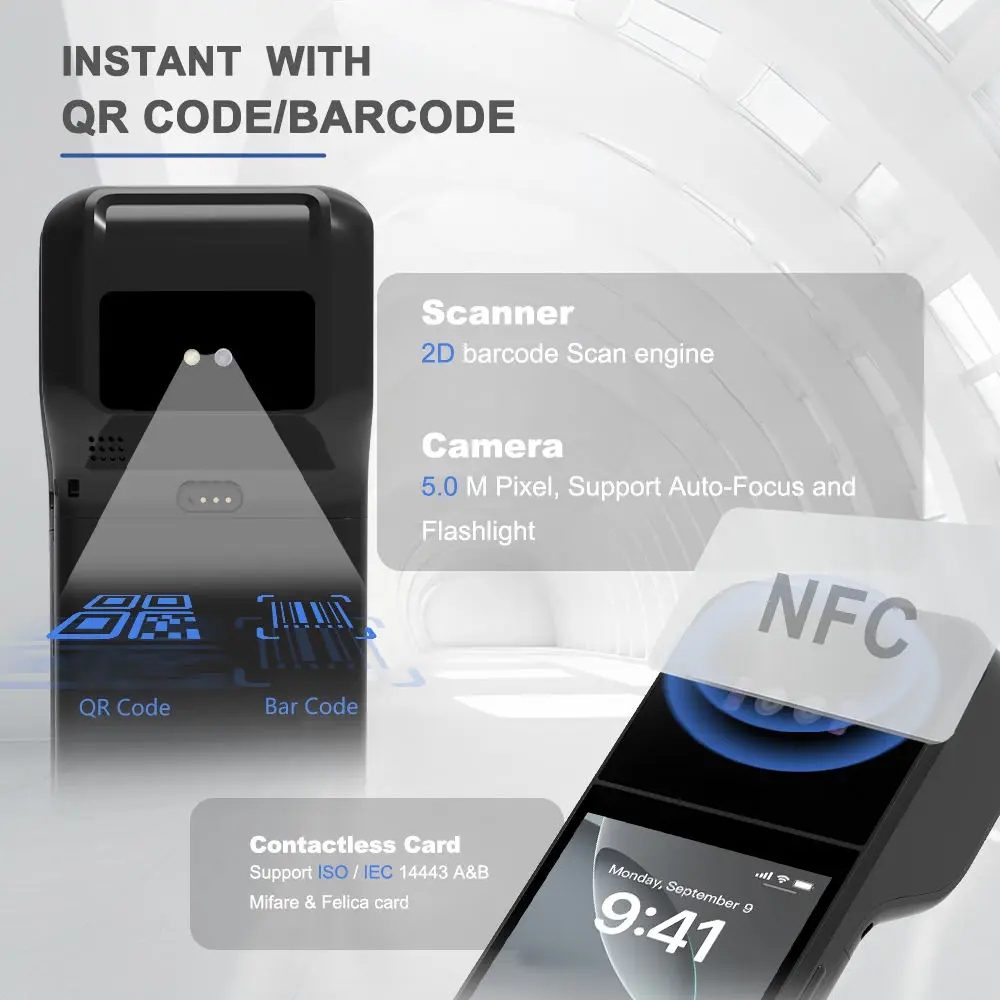 Z92 4G 터치스크린 안드로이드 13/14 휴대용 POS 단말기 모바일 결제 현금 등록기 NFC 스캐너 58mm 감열 프린터 탑재