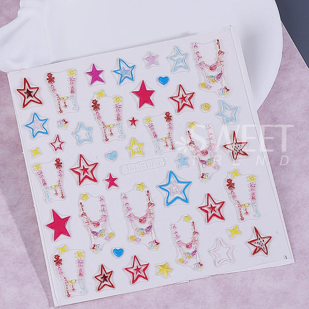 5D Tassel Bow Star Nail Stickers Y2K Colorful Star Love Heart Nail Art Decals Valentine's Day Manicure Accessories Nail Supplies