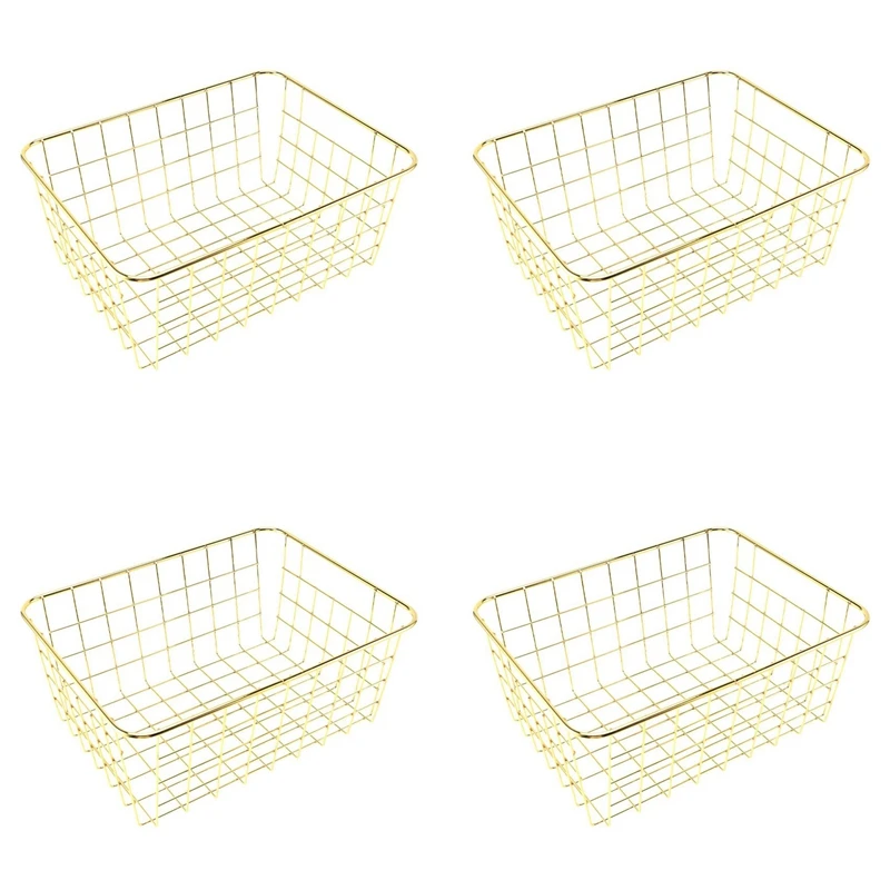 

HOT SALE 4X Nordic Style Metal Wire Storage Basket Cosmetic Organizer Holder Office Desk Toiletry Collection Bathroom Shelf-Gold