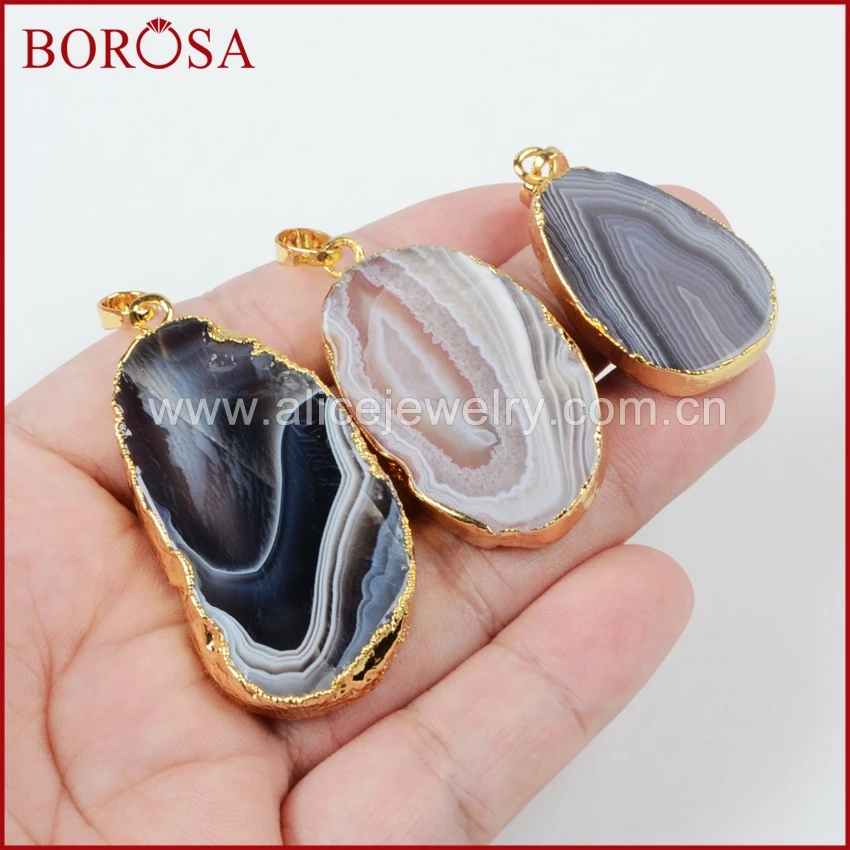 Fashion Gold Plated Natural Onyx Botswana Agate Slice Pendant Bead for Necklace Natural Gemstone for Necklace Accessories 3