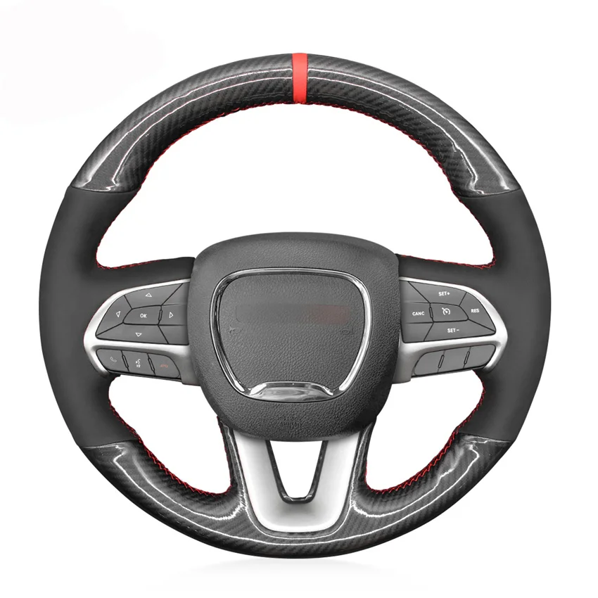 Carbon Fiber Suede Red Marker Car Steering Wheel Cover for Dodge