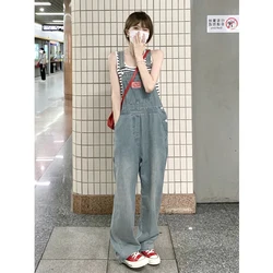 Denim Overalls for Women's Summer Clothes 2023 Baggy Jeans Y2k Korean Fashion Pocket Denim Pants Washed Vintage Straight Trouser