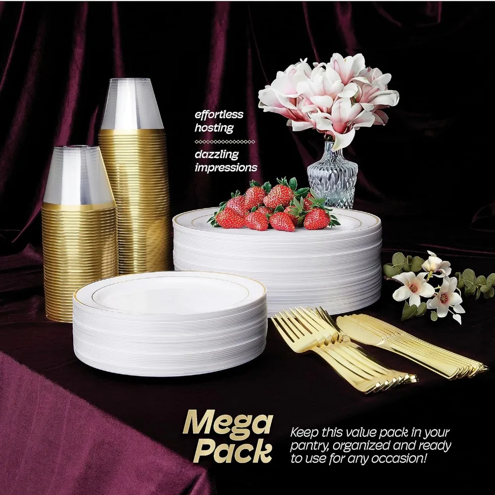 600pcs Plastic Dinnerware Set For 100 Guests Gold Plastic plates for party Premium Wedding