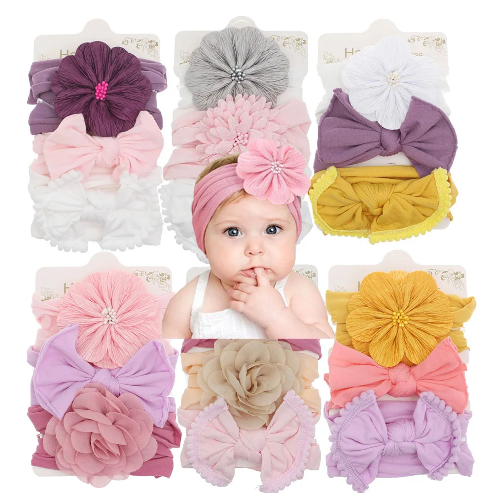 

3Pcs/Set Soft Nylon Newborn Baby Headband Flower Bowknot Elastic Hairband For Girls Baby Hair Accessories Kids Headwear