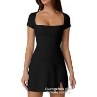 Sexy Elegant Mini Dress Square Collar Design A- Line Skirt Waist Cinching Cross-Border Fashion Women's Short Sleeve Dress