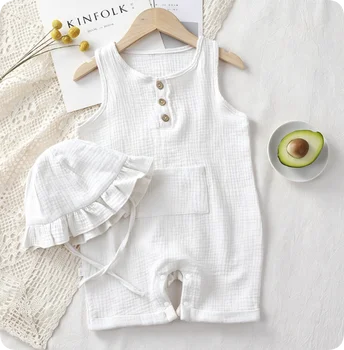 Toddler Boys Girls Set Summer Rompers+hat Solid Sleeveless Organic Cotton Button Romper Jumpsuits Unisex Infant Baby Clothes