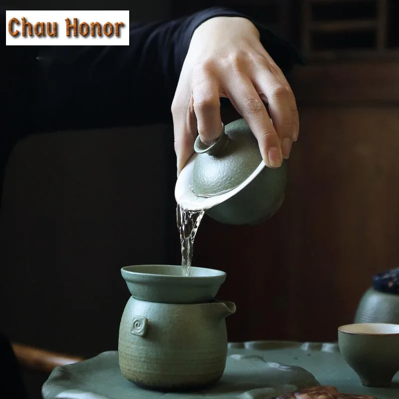 150ml Japanese Style Coarse Pottery Kiln Black Green Cover Bowl Handmade Tea Bowl Kung Fu Tea Set Tea Cup Sancai Cover Bowl