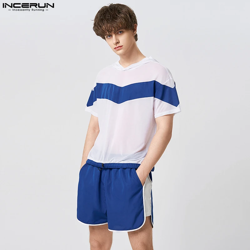 

INCERUN Men Sets Patchwork Streetwear Hooded Short Sleeve T Shirts & Drawstring Shorts 2PCS 2023 Workout Men'sThin Suits S-5XL