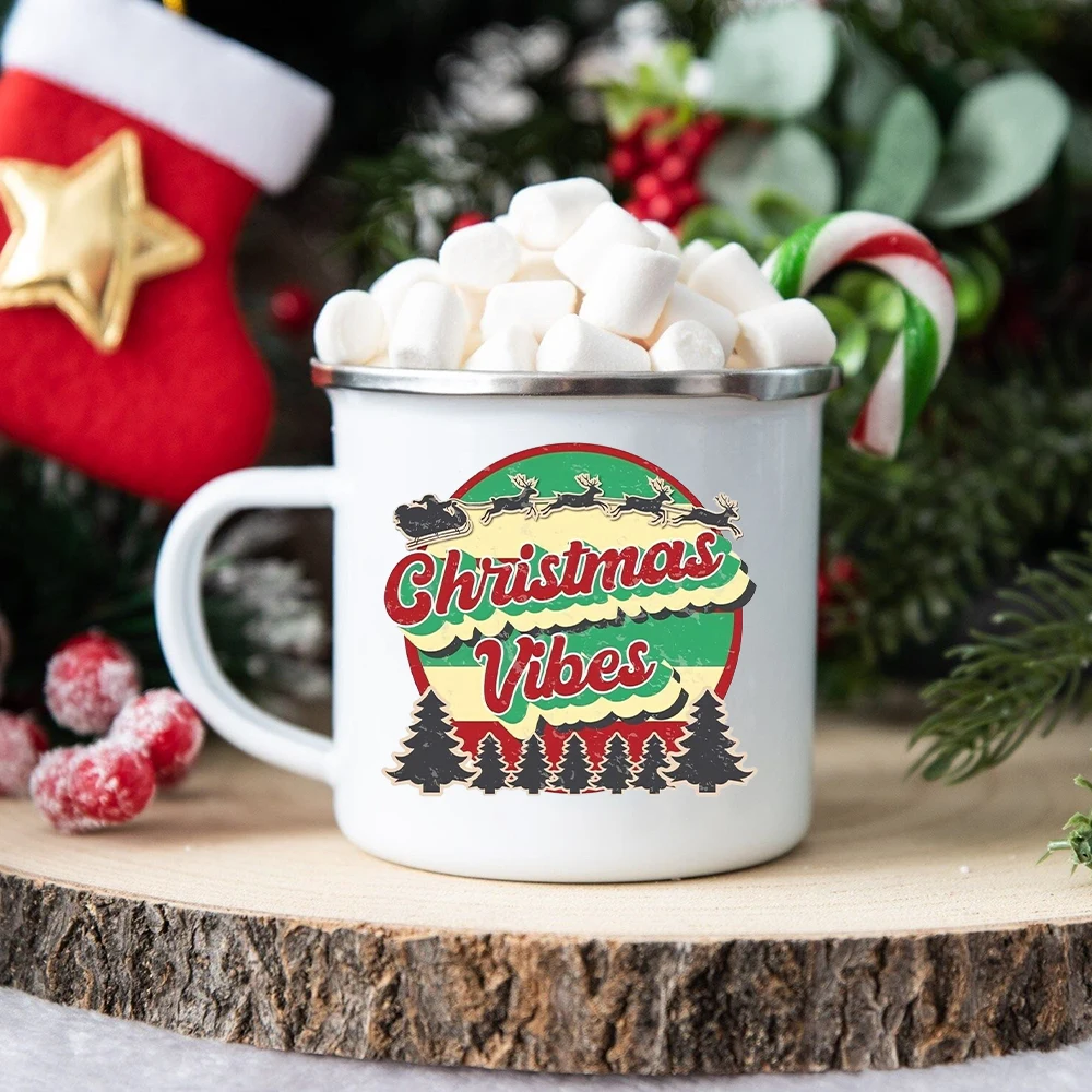 

Christmas Vibes Print Enamel Mugs Xmas Coffee Handle Mug Christmas Family Party Wine Juice Tea Cups Christmas Holiday Gift Cup