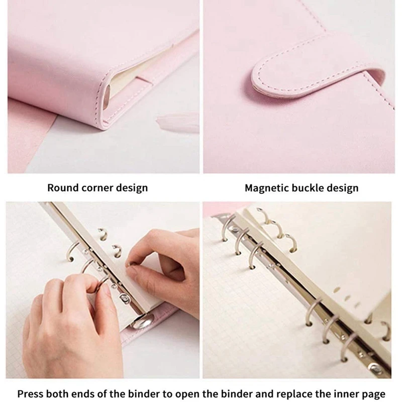 4X A6 Binder Planner Pink Notebook Binder And 48 Pieces 6 Hole Binder Zipper Folder,Binder Pockets Cash Envelope Wallet