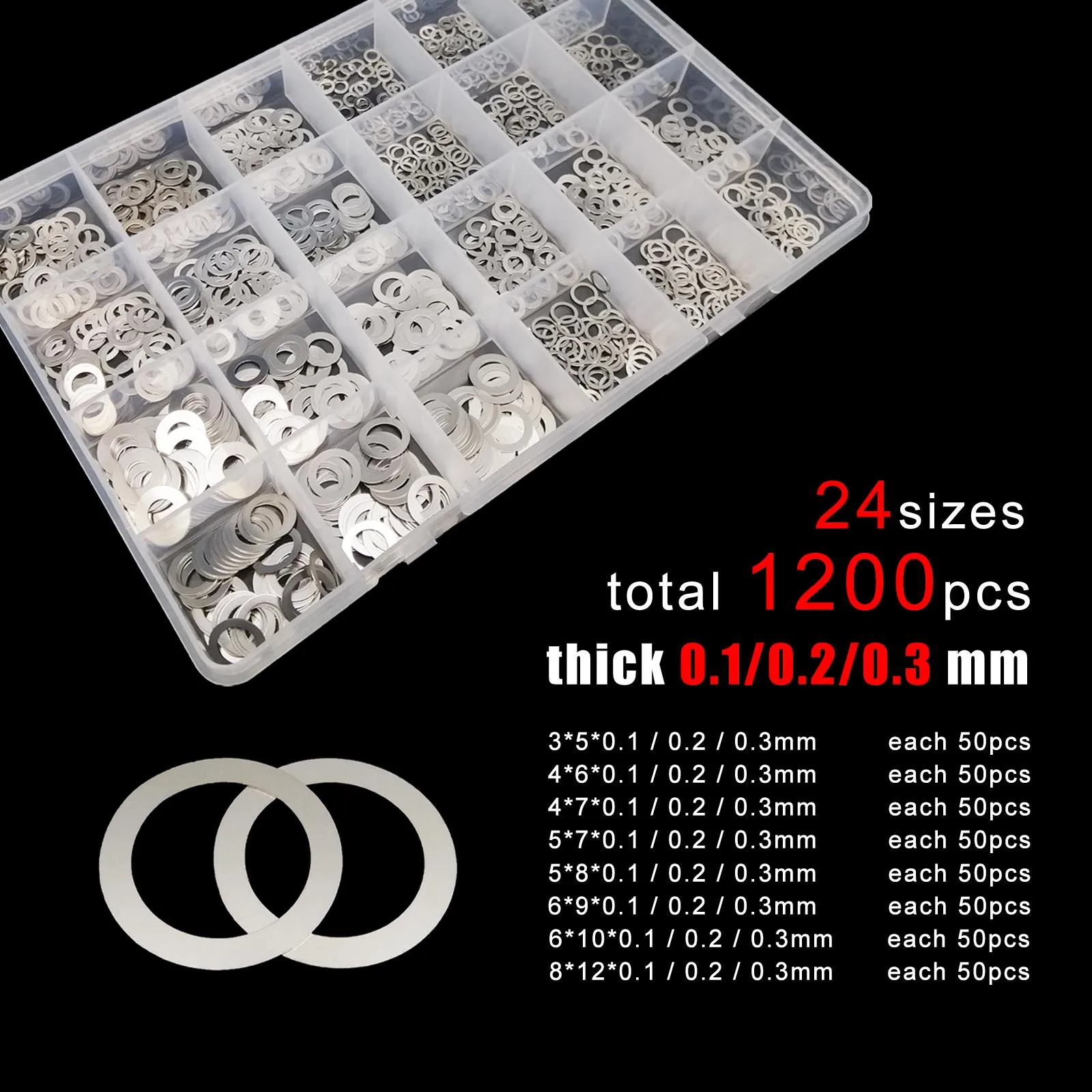 500/1200pcs M3 M4 M5 M6 M8 0,1 0.2 0.3mm 304 nerez ocel uitra hubený plochý podnos pláň ultratenkých seřizovací shim sada souprava skříňka