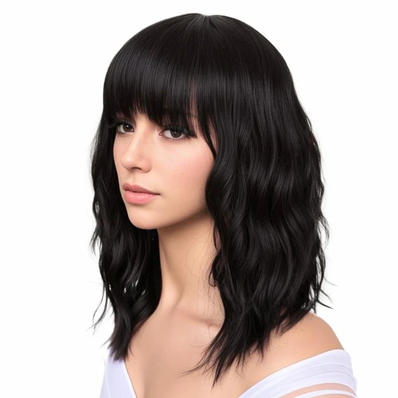 

Black Wigs with Bangs for Women 14 Inches Synthetic Curly Bob Wig for Girl Natural Looking Wavy short curly hair Wigs