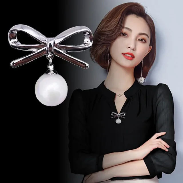 Simple Fashion Bow Brooches for Women Bowknot  Pin Pearl Pendant Safety Lapel Pins  Wedding Jewelry Accessories