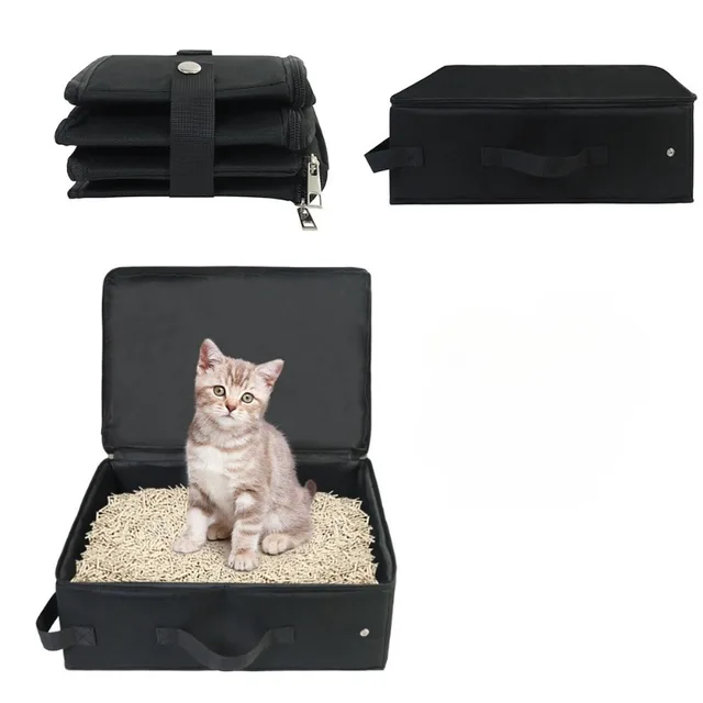 Travel Litter Box with Lid & Handle Standard Portable Foldable Cat Litter Tray Fabric Litter Bag 3