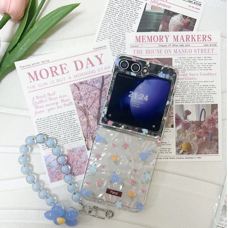 Cute Blue Pink Florals Wrinkle Clear Case with Flower Chain