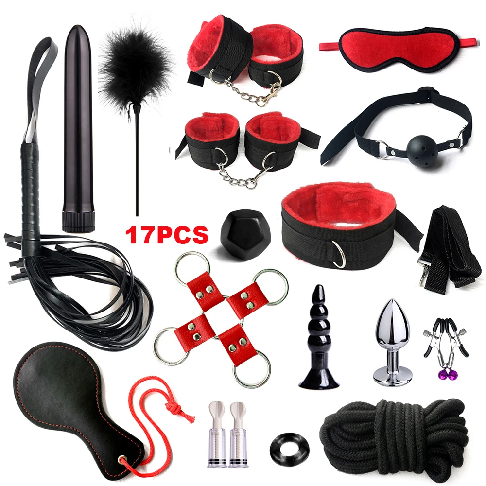 Fetish BDSM Kit Set Sex Toy Handcuffs for Woman Adult Supplies Handcuffs Whip Anal Plug Vibrator Bondage Rope Sexual Sexy Game