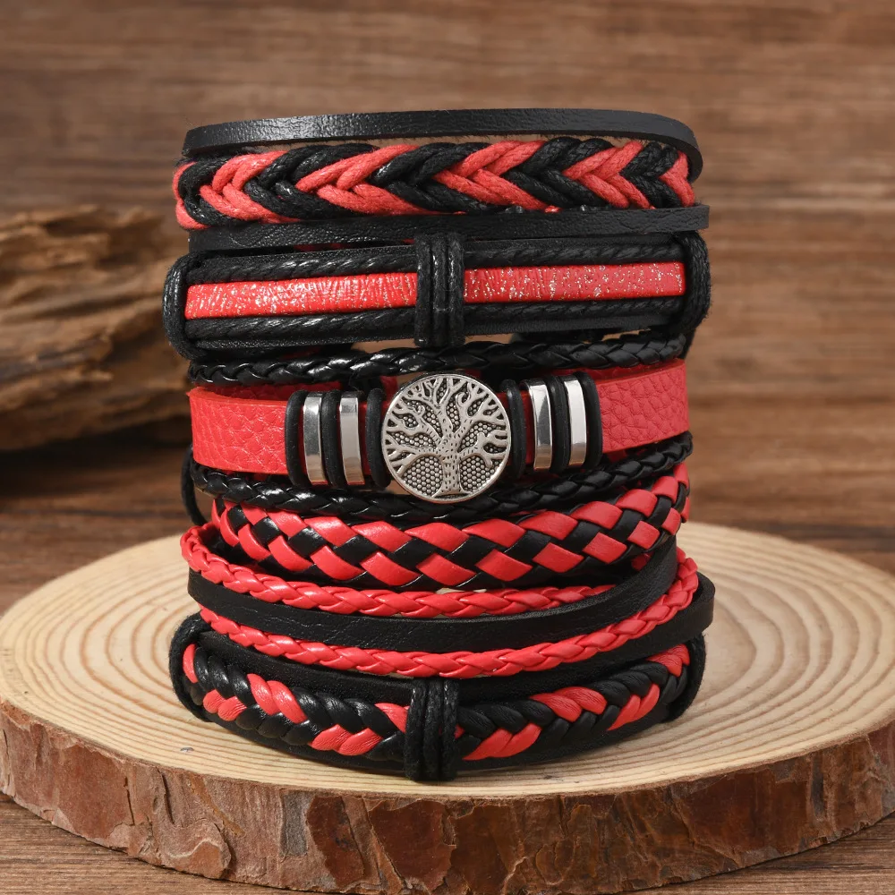مجموعة أساور عصرية مكونة من ست قطع من شجرة الحياة للرجال مصنوعة يدويًا من الجلد على الطراز القوطي وإكسسوارات الدروع متعددة الطبقات