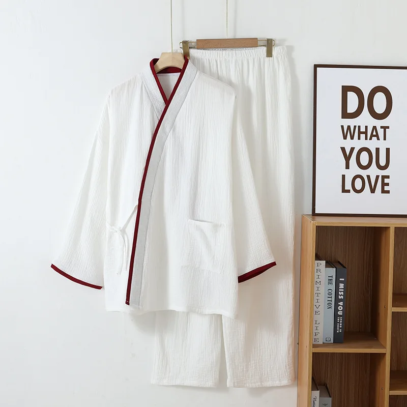 Spring Autumn Japanese Color Blocked Cotton Crepe Kimono Mens Pajamas Set Thin Lace-Up Top + Pants Loose Two-piece Male Homewear pajama sets