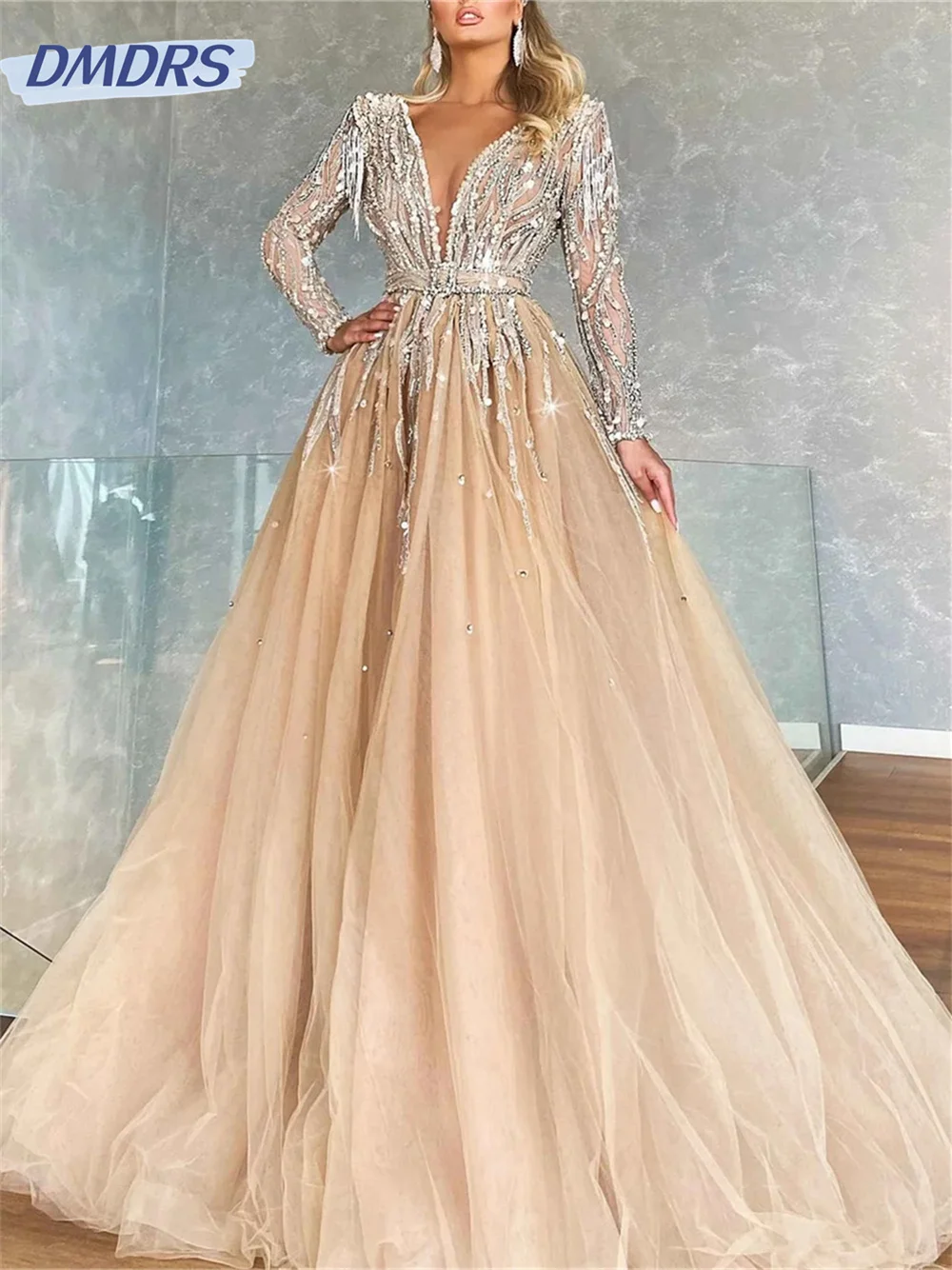 

Luxurious Beaded A-Line Prom Dress 2024 Sexy Deep V-Neck Evening Dresses Charming Tulle Floor Length Gowns Vestidos De Novia
