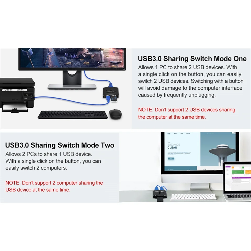 USB KVM Switch 3.0 Selector 5Gbps 2 in 1 Out Two-Way Sharer for Printer Keyboard Mouse Sharing