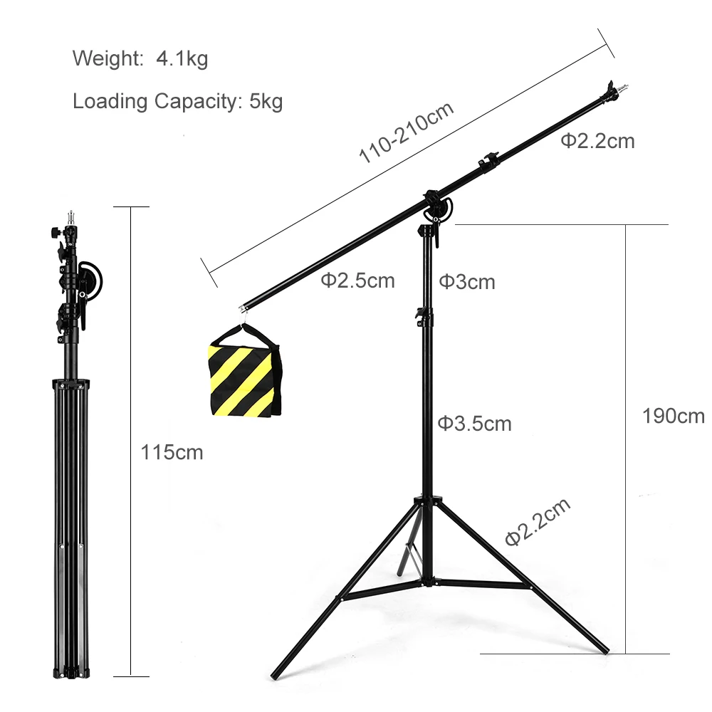 126" 320cm 2in1 Light Stand,Boom Arm,Rotatable Aluminum Adjustable Tripod Boom Light Stand with Sandbag for Studio Photography