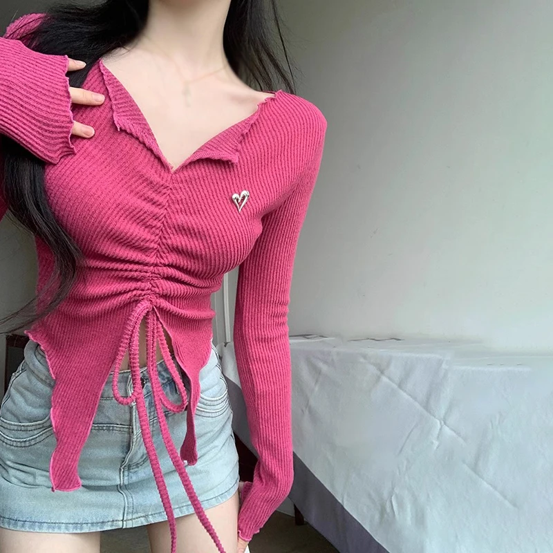 

Женский трикотажный свитер на завязках, необычный однотонный облегающий свитер с V-образным вырезом и длинными рукавами, весна-осень