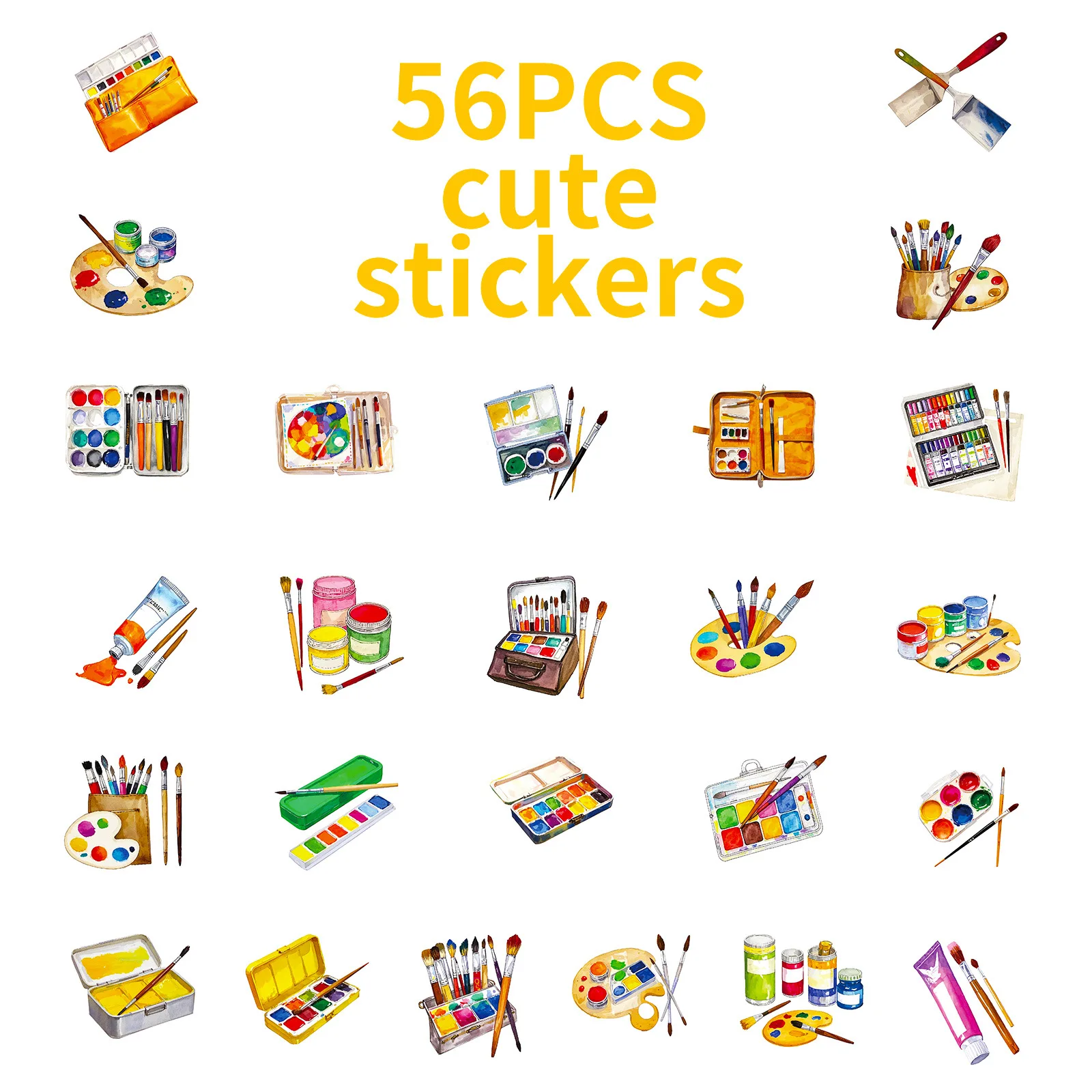 Set da 56 pezzi di strumenti da disegno Adesivi per doodle Stile INS Tavolozza di pennelli Studente Cancelleria Notebook Laptop Decalcomanie decorative - immagine 3