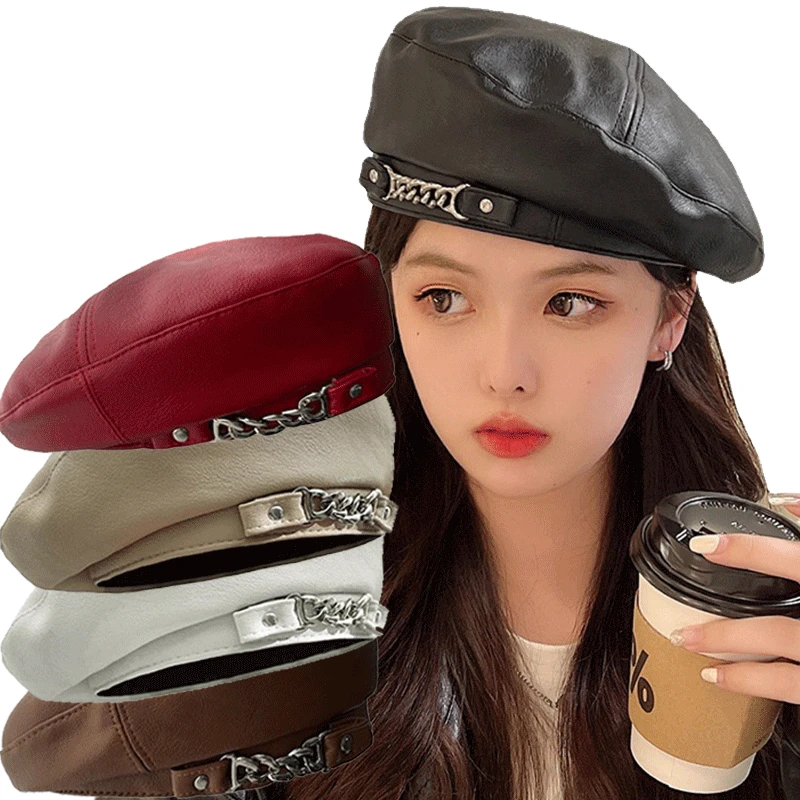 

Fashion Autumn Winter Hip Hop Chain PU Leather Beret Women's Pure Color Retro Octagonal Hat Versatile Painter Cap